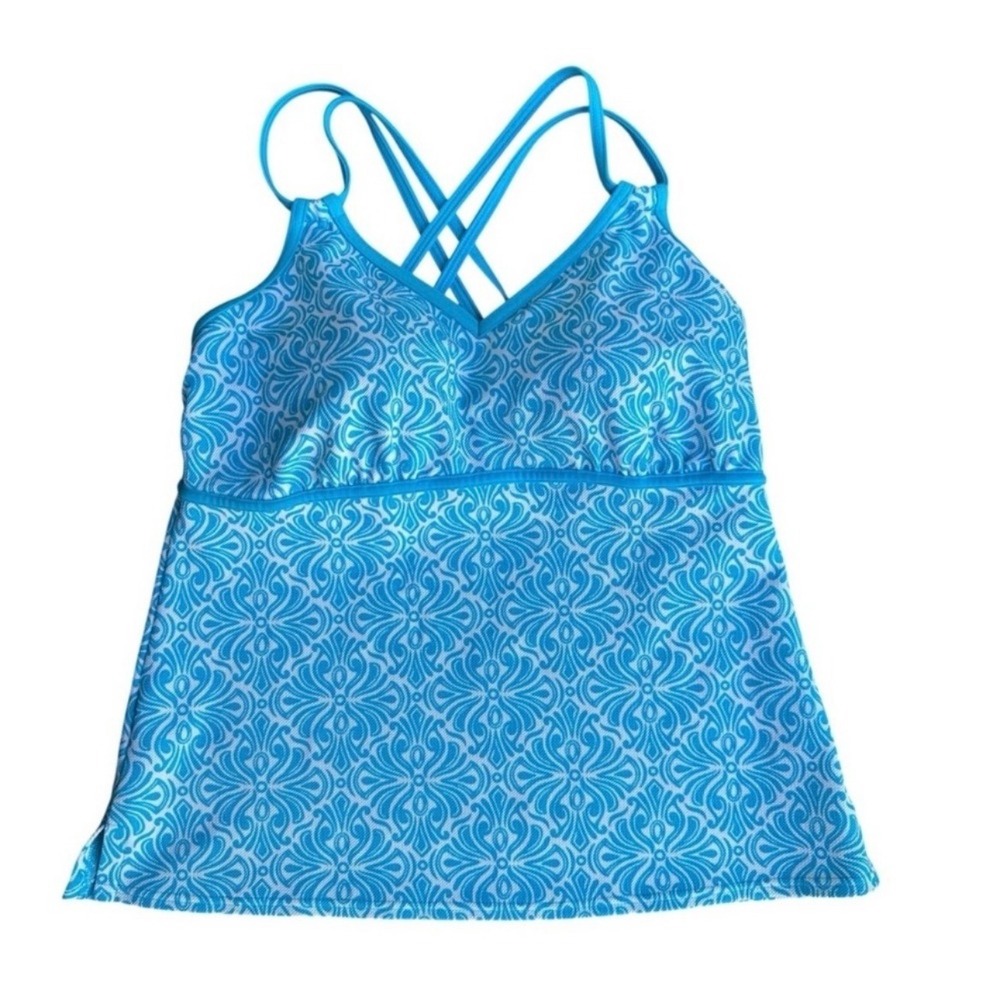 Lands End Swim Tank Top Tankini Bikini Blue White Geometric Strappy Back Size 12